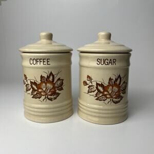 Vintage Ceramic Coffee Sugar Canisters Wild Rose Print Cottagecore Retro Cream